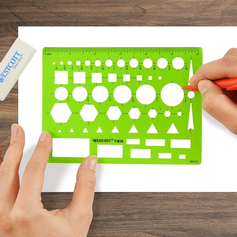 Westcott T-816 All-Purpose Technical Drawing Template, Plastic Shape Template Tool, Green, 4.5 by 6 in - Image 5