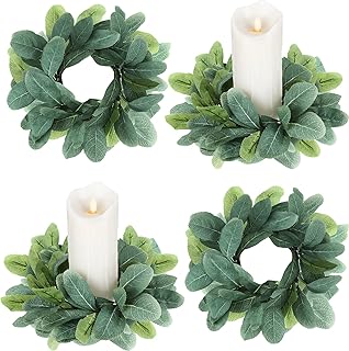 Waydress Waydress 4 Pieces Candle Rings Artificial Eucalyptus Leaves Wreaths Candle Rings Wreaths Small Boho Wreath Pillar  - Image 1
