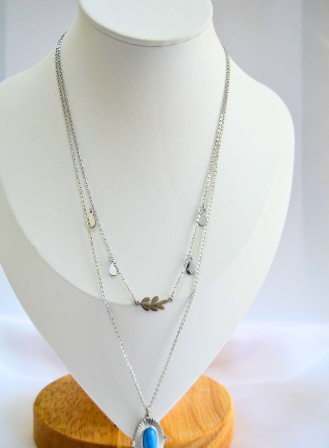 Andaazs Andaazs Women’s Eclipse Layered Necklace – Silver Color Dual Chain with Oval Turquoise Stone Pendant – Boho Minimalist Jewelry  - Image 1