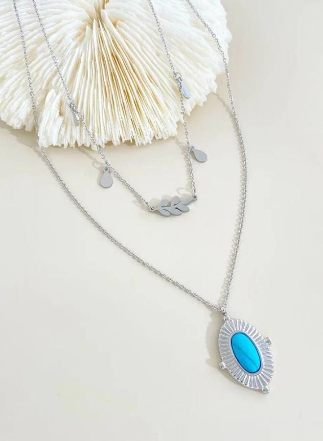 Andaazs Andaazs Women’s Eclipse Layered Necklace – Silver Color Dual Chain with Oval Turquoise Stone Pendant – Boho Minimalist Jewelry  - Image 2