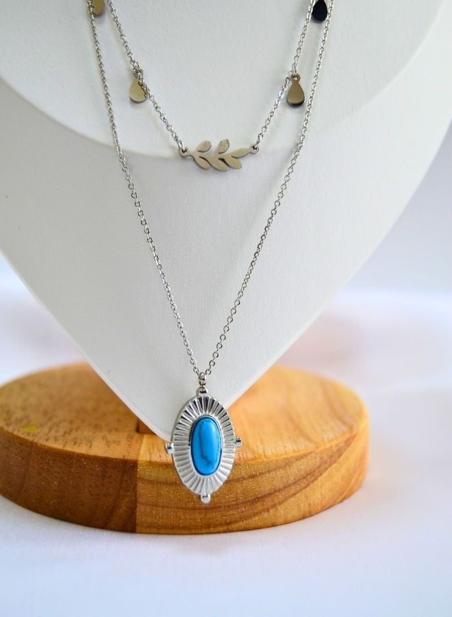 Andaazs Andaazs Women’s Eclipse Layered Necklace – Silver Color Dual Chain with Oval Turquoise Stone Pendant – Boho Minimalist Jewelry  - Image 3