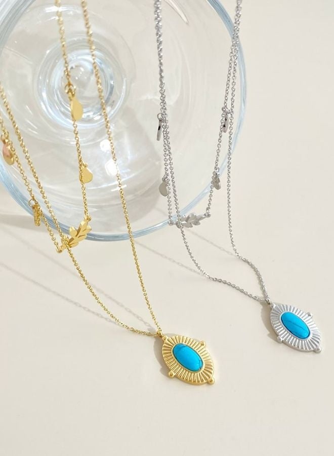 Andaazs Andaazs Women’s Eclipse Layered Necklace – Silver Color Dual Chain with Oval Turquoise Stone Pendant – Boho Minimalist Jewelry  - Image 4