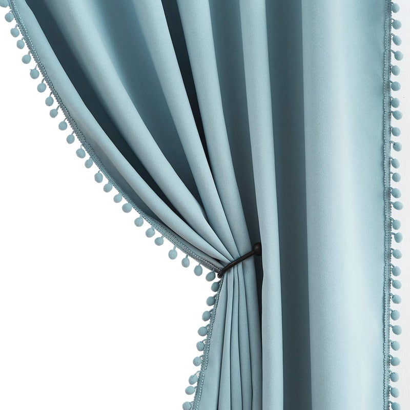 Blue Pom Pom Curtains for Living Room Bedroom 63 inch Thermal Insulated Half Blackout Curtain Drapes for Girls Boys Room Guest Room 52 w x2 Panels Rod Pocket