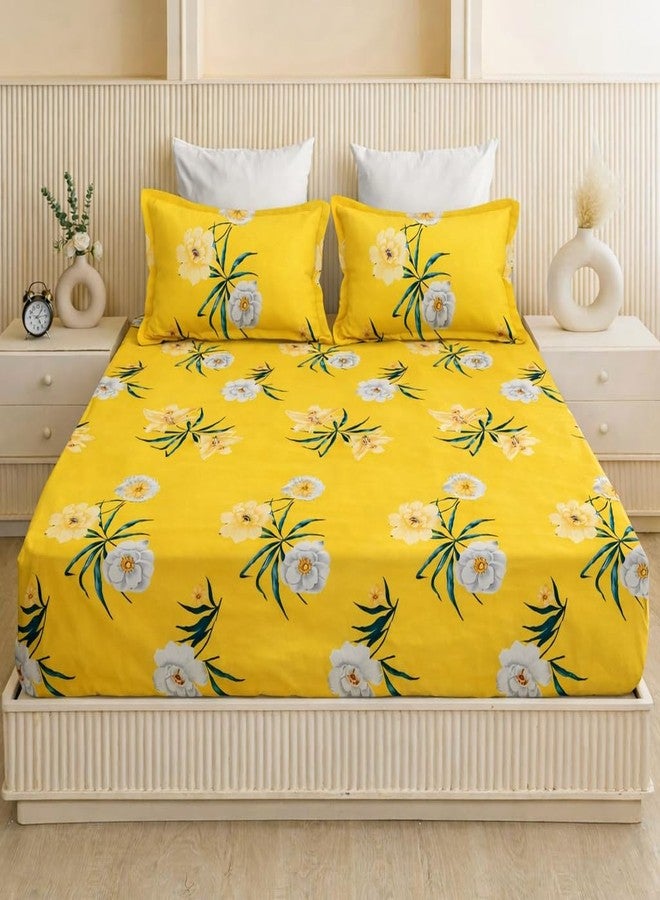 EVERLUSH 320 TC Cotton Feel Glace Cotton Printed Elastic Fitted King Size Double Bed Bedsheet with 2 Pillow Covers | Fitted Bedsheets King Size 78 x 72 x 8 (Yellow Floral) - Image 2