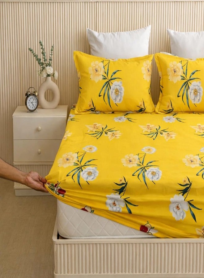 EVERLUSH 320 TC Cotton Feel Glace Cotton Printed Elastic Fitted King Size Double Bed Bedsheet with 2 Pillow Covers | Fitted Bedsheets King Size 78 x 72 x 8 (Yellow Floral) - Image 1