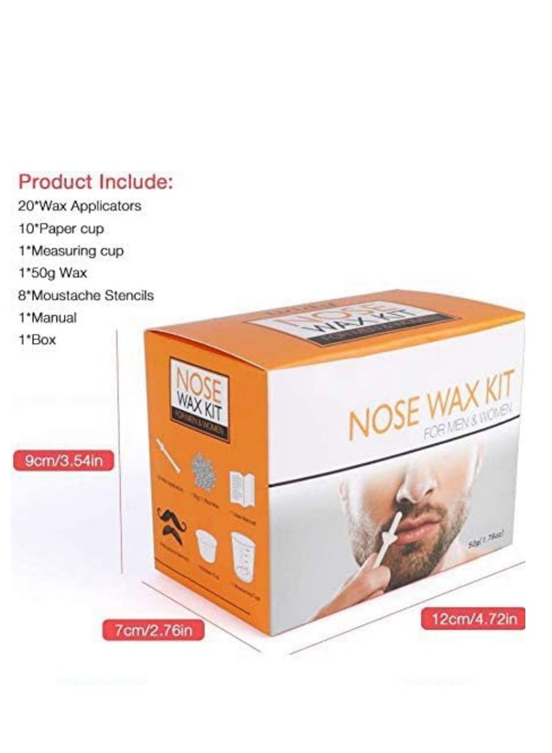 Nose Wax Kit, 50g Wax, Nose Hair Removal Waxing Kit for Men and Women, Safe Quick Hair Removal Waxing for Nose & Ear, 20 Applicators, 8 Mustache Stickers, 10 Little Cups for Removing Nose Eyebrow Hair