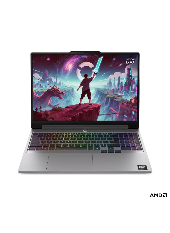 لينوفو لابتوب ألعاب LOQ 15AHP11 بشاشة WUXGA مقاس 15.3 بوصة (1920x1200)، معالج Ryzen 7 250، ذاكرة وصول عشوائي DDR5 سعة 16 جيجابايت، قرص صلب SSD سعة 1 تيرابايت، بطاقة رسومات NVIDIA GeForce RTX 5060 سعة 8 جيجابايت، نظام تشغيل DOS (بدون ويندوز)، لون رمادي لونا الإنجليزية/العربية - Image 1