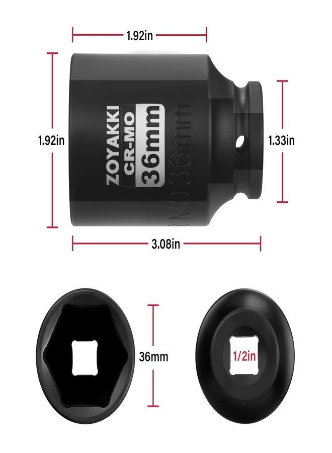 ZOYAKKI 1/2" Drive x 36 mm Deep 6 PT Impact Socket, CR-MO,1/2-inch Drive 6 Point Axle Nut Socket for Easy Removal of Axle Shaft Nuts (Metric 36MM) - Image 2