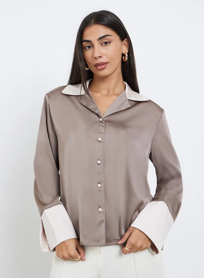 Styli Styli Women Brown Color Block Notch Lapel Button Down Shirt
