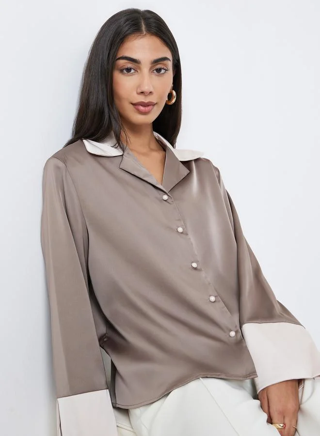 Styli Styli Women Brown Color Block Notch Lapel Button Down Shirt