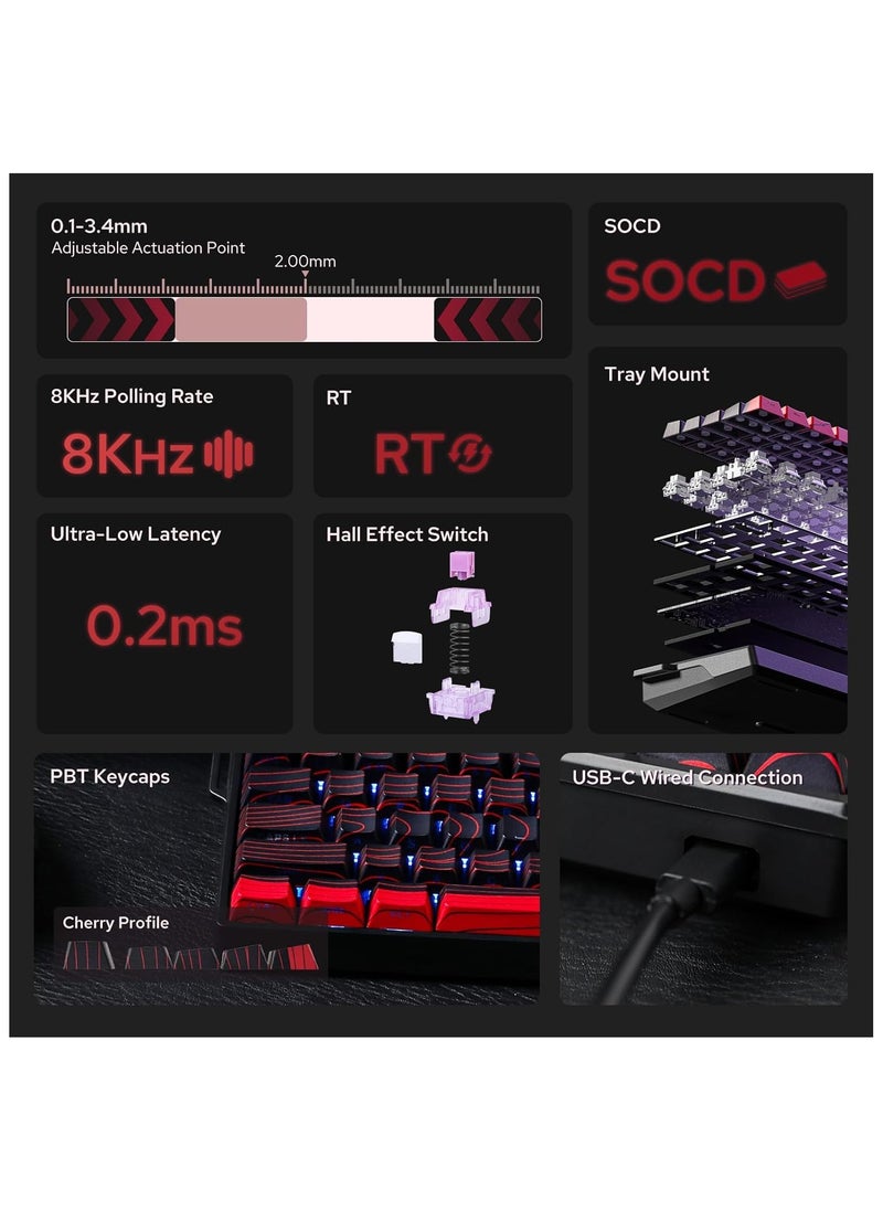 Aula WIN68 HE Magnetic Keyboard with Adjustable Actuation, Hall Effect Keyboard with 0.3ms Latency, 65% Wired Compact Keyboard, 8000 Hz Polling Rate, Hot-Swap (Red Topographic)