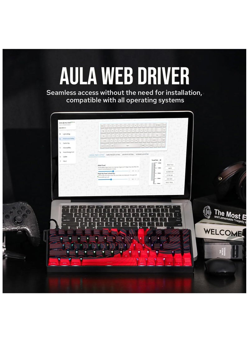 Aula WIN68 HE Magnetic Keyboard with Adjustable Actuation, Hall Effect Keyboard with 0.3ms Latency, 65% Wired Compact Keyboard, 8000 Hz Polling Rate, Hot-Swap (Red Topographic)