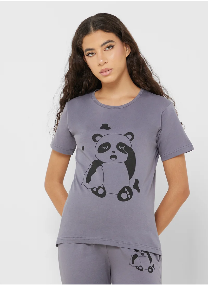 Ginger Panda Print Cotton T-Shirt & Pyjama Set