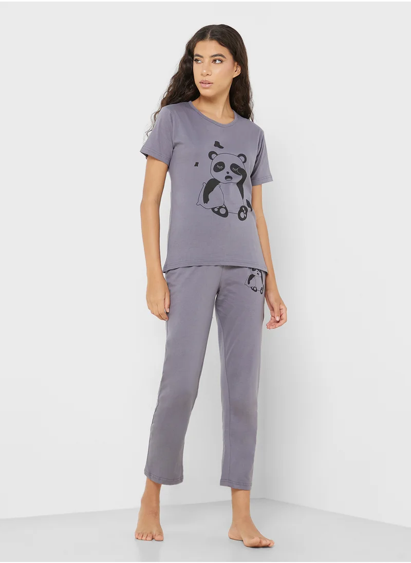 Ginger Panda Print Cotton T-Shirt & Pyjama Set