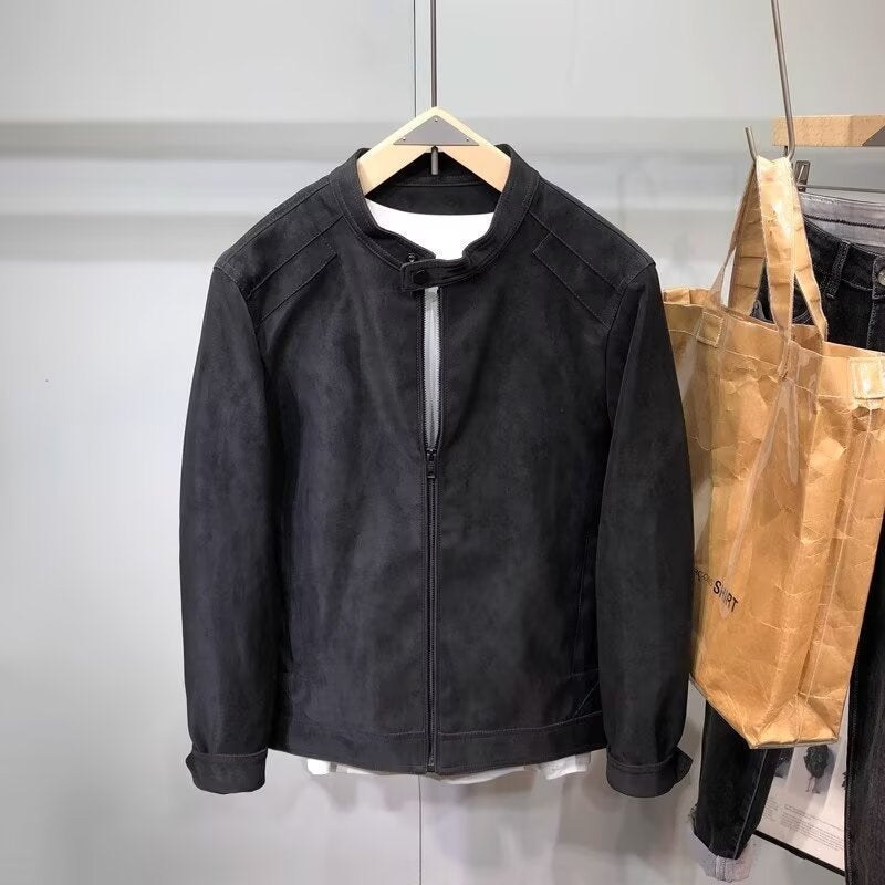 Generic Explosive coat mens spring and autumn 2024 new fashion brand high-end suede motorcycle jacket collar mens clothes Black - Image 1