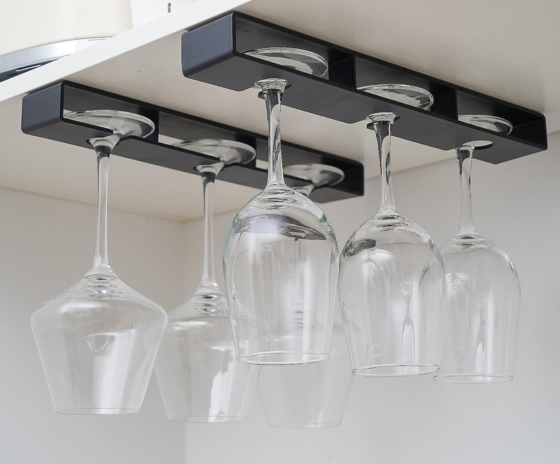 HOME CUBE 2 Pc Adhesive Wine Glass Rack, Under Cabinet Hanging Stemware Organizer, No Drilling Holder for Bar Kitchen, Hanging Shelves - Image 1