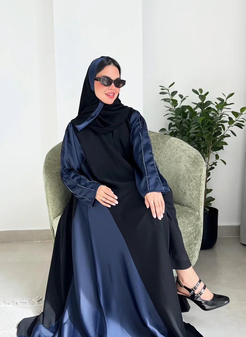 Lusin Abaya Black Abaya with Navy Sleeves & Sides and Beading on Shoulder