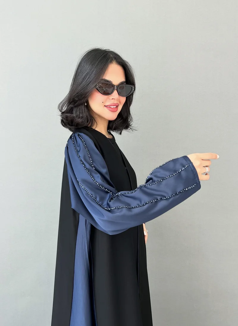 Lusin Abaya Black Abaya with Navy Sleeves & Sides and Beading on Shoulder