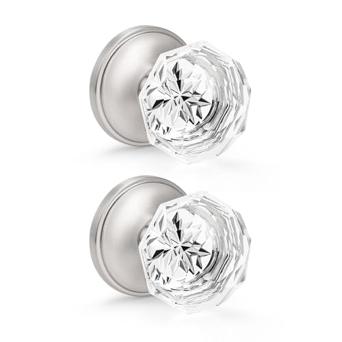 Orger Dummy Crystal Door Knobs with Diamond Shape in Satin Nickel Finish, Inactive Non-Turning Single Side Interior Dummy Handles for French Door/Cloakroom, 2 Pack - Image 1