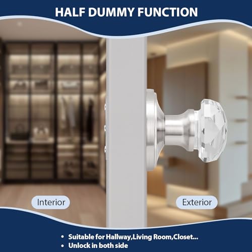 Orger Dummy Crystal Door Knobs with Diamond Shape in Satin Nickel Finish, Inactive Non-Turning Single Side Interior Dummy Handles for French Door/Cloakroom, 2 Pack - Image 4