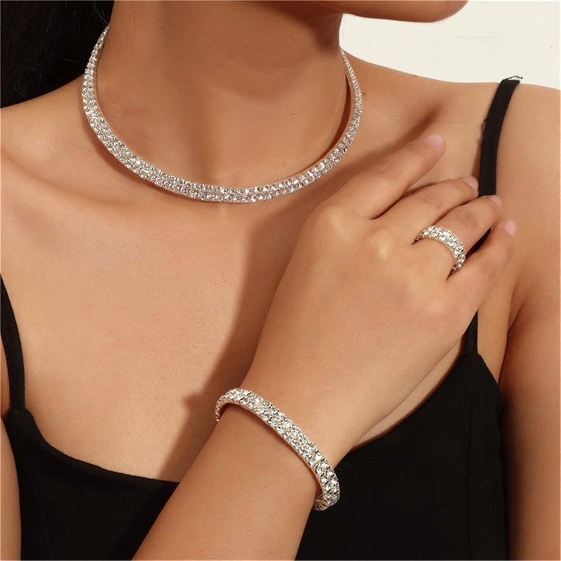 cheekyglo 1 Set 1-5 Rows Rhinestone Choker Necklace & Bracelets Crystal Necklace Collar Bridal Jewelry \u200bfor Dance Party Wedding,Silver-2 Rows - Image 5
