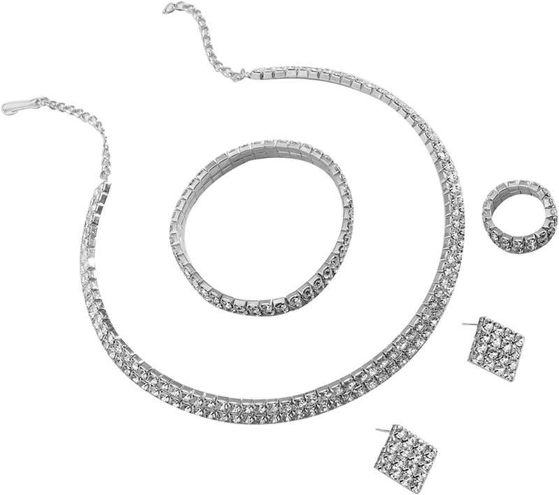 cheekyglo 1 Set 1-5 Rows Rhinestone Choker Necklace & Bracelets Crystal Necklace Collar Bridal Jewelry \u200bfor Dance Party Wedding,Silver-2 Rows - Image 1