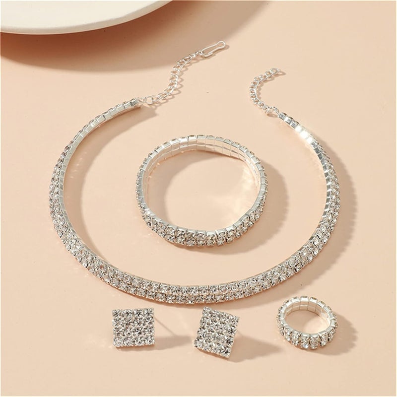 cheekyglo 1 Set 1-5 Rows Rhinestone Choker Necklace & Bracelets Crystal Necklace Collar Bridal Jewelry \u200bfor Dance Party Wedding,Silver-2 Rows - Image 3