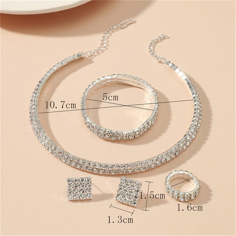 cheekyglo 1 Set 1-5 Rows Rhinestone Choker Necklace & Bracelets Crystal Necklace Collar Bridal Jewelry \u200bfor Dance Party Wedding,Silver-2 Rows - Image 2