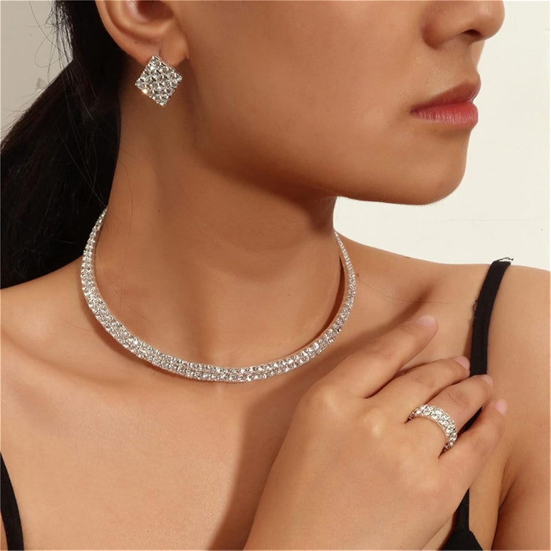 cheekyglo 1 Set 1-5 Rows Rhinestone Choker Necklace & Bracelets Crystal Necklace Collar Bridal Jewelry \u200bfor Dance Party Wedding,Silver-2 Rows - Image 4