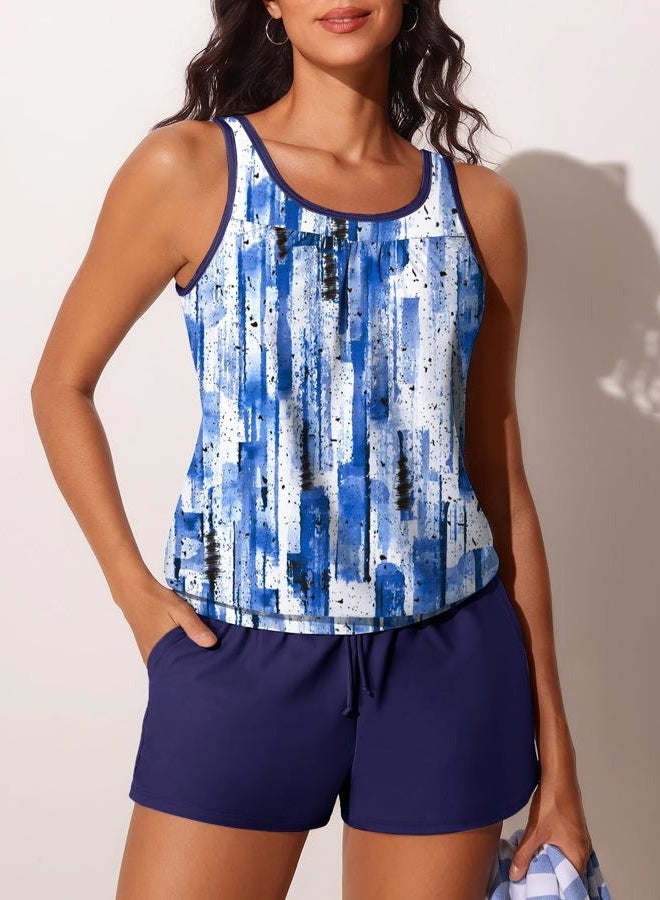 Summer Mae Blouson Women's Tankini Swimsuits Tummy Control Modest 2025 Two Piece with Sporty Pockets Bathing Suits, Abstract Ink Blue, XL - Image 3