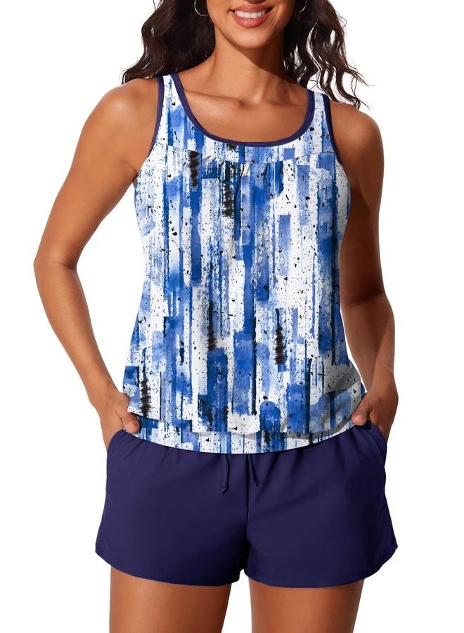 Summer Mae Blouson Women's Tankini Swimsuits Tummy Control Modest 2025 Two Piece with Sporty Pockets Bathing Suits, Abstract Ink Blue, XL - Image 1