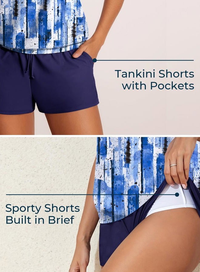 Summer Mae Blouson Women's Tankini Swimsuits Tummy Control Modest 2025 Two Piece with Sporty Pockets Bathing Suits, Abstract Ink Blue, XL - Image 4