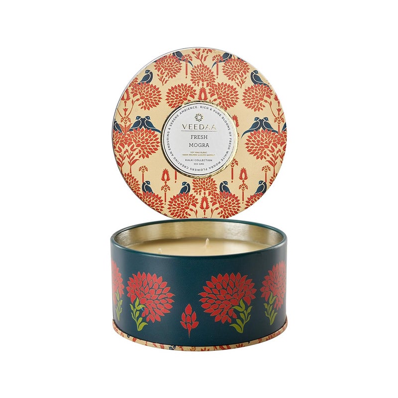 VEEDAA Fresh Mogra 3 Wick Tin Soy Wax Blend Scented Candle Burns 40 Hours - Image 1
