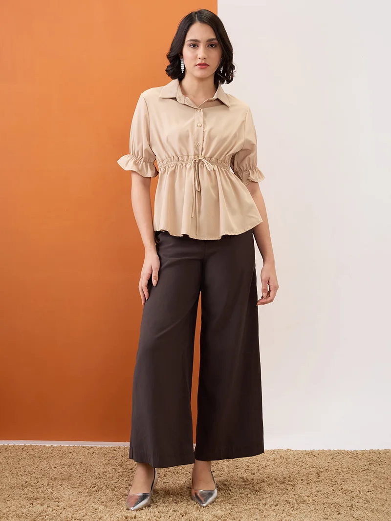 Women Camel Brown Shirt Collar Puff Sleeves Solid Waist Tie-Up Workwear Peplum Top