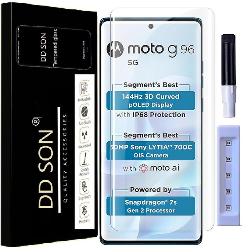 DD SON HD+ UV Tempered Glass Screen Protector Guard Compatible For Motorola G96 5G / Moto G96 5G (6.67 Inch, Pack of 1) Full Adhesive UV Curved Case Friendly HD Clarity with easy installation kit - Image 1