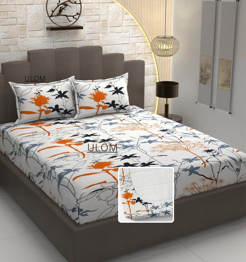 ULOM 350 TC Premium Heavy Cotton Feel Elastic Fitted bedsheets King Size with 2 Pillow Covers || Fitted bedsheet for Double Bed King Size with All Around Elastic (White Floral, Fitted - 72"x78" King) - Image 1
