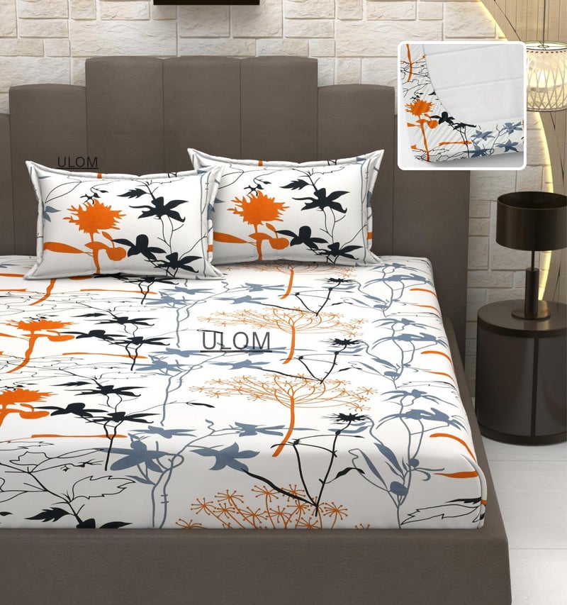 ULOM 350 TC Premium Heavy Cotton Feel Elastic Fitted bedsheets King Size with 2 Pillow Covers || Fitted bedsheet for Double Bed King Size with All Around Elastic (White Floral, Fitted - 72"x78" King) - Image 2