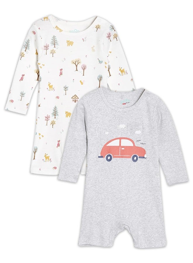 Broon Boys & Girls Off White and Grey Printed Rompers | Premium Organic Cotton | Full Sleeves with Allover Print | Infant Wear | Skin Friendly | Chemical Free | Pack of 2 - Image 1
