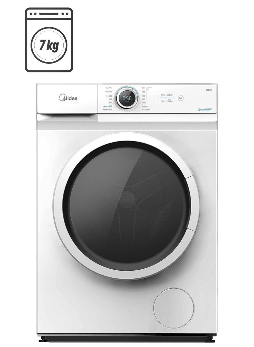 7 Kg Front Load Washing Machine With Lunar Dial, 1200 RPM, 15 Programs, Fully Automatic Washer, Digital LED Display, Child Lock, 90° Hygiene, Mute Function 50.0 W 7 kg 50 W 7 kg 50 W MF100W70W-GCC White