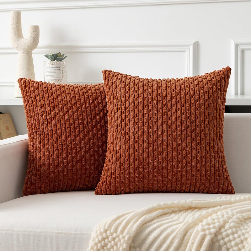K KEVIN TEXTILE Kevin Textile Throw Pillow Covers Soft Corduroy Decorative Set of 2 Boho Striped Pillow Covers Pillowcases Farmhouse Home Decor for Couch Bed Sofa Living Room 22x22 Inch Rust Brown  - Image 1