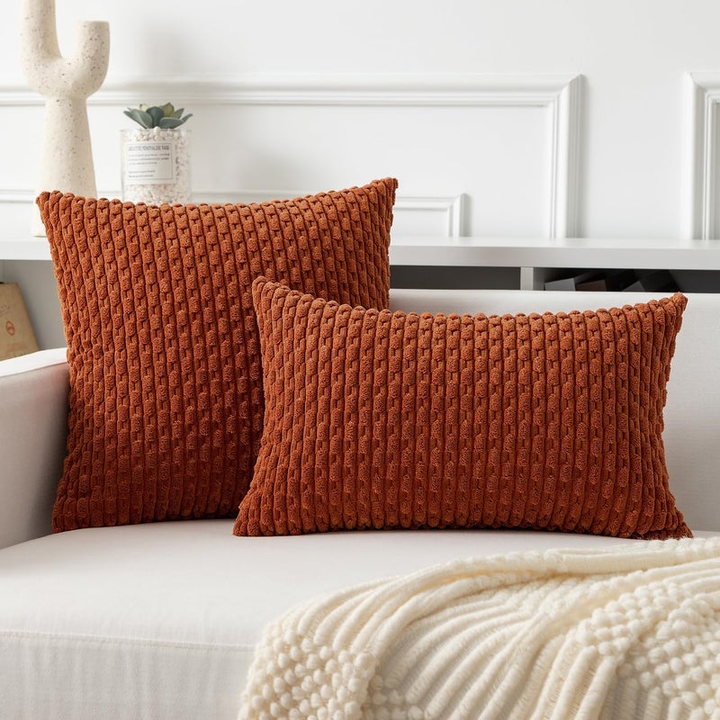 K KEVIN TEXTILE Kevin Textile Throw Pillow Covers Soft Corduroy Decorative Set of 2 Boho Striped Pillow Covers Pillowcases Farmhouse Home Decor for Couch Bed Sofa Living Room 22x22 Inch Rust Brown  - Image 4