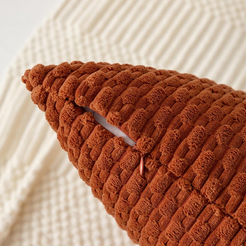 K KEVIN TEXTILE Kevin Textile Throw Pillow Covers Soft Corduroy Decorative Set of 2 Boho Striped Pillow Covers Pillowcases Farmhouse Home Decor for Couch Bed Sofa Living Room 22x22 Inch Rust Brown  - Image 3