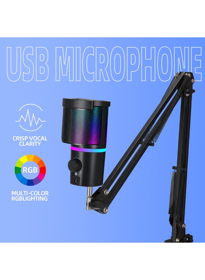 ميكروفون مكثف احترافي ZFSZ USB RGB مع ذراع بوم - ميكروفون ألعاب بكتم صوت بنقرة واحدة، ومراقبة في الوقت الفعلي، وتحكم في الكسب وإلغاء الضوضاء للكمبيوتر الشخصي، ماك، البث، البودكاست - Image 2