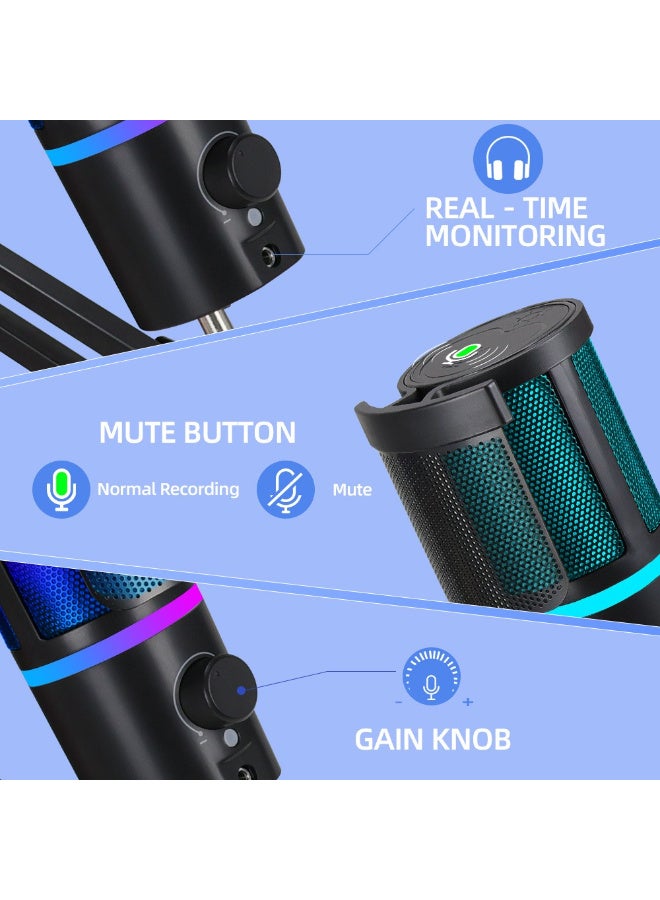 ميكروفون مكثف احترافي ZFSZ USB RGB مع ذراع بوم - ميكروفون ألعاب بكتم صوت بنقرة واحدة، ومراقبة في الوقت الفعلي، وتحكم في الكسب وإلغاء الضوضاء للكمبيوتر الشخصي، ماك، البث، البودكاست - Image 4