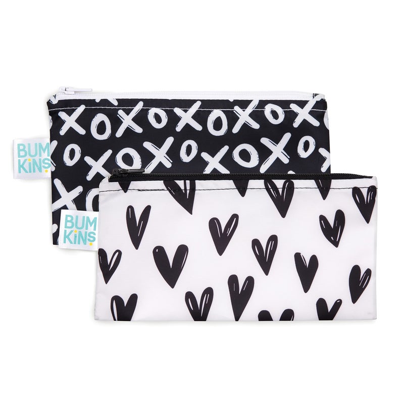 Bumkins Reusable Snack Bags for Kids School Lunch and for Adults Portion Washable Fabric Waterproof Cloth Zip Bag Supplies Travel Pouch FoodSafe 2pk Hearts and XOXO