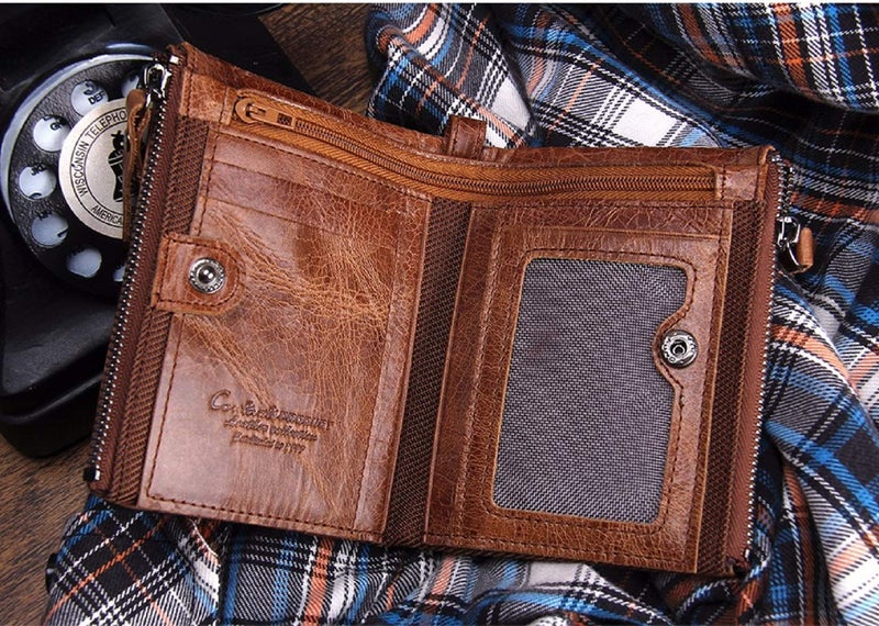 Contacts Men's Genuine Leather Wallet | RFID Blocking Wallet for Men | Bifold Zip Wallet| 7 to 8 Card Slots Including 1 ID Window (Brown) - Image 4