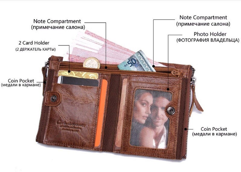 Contacts Men's Genuine Leather Wallet | RFID Blocking Wallet for Men | Bifold Zip Wallet| 7 to 8 Card Slots Including 1 ID Window (Brown) - Image 2