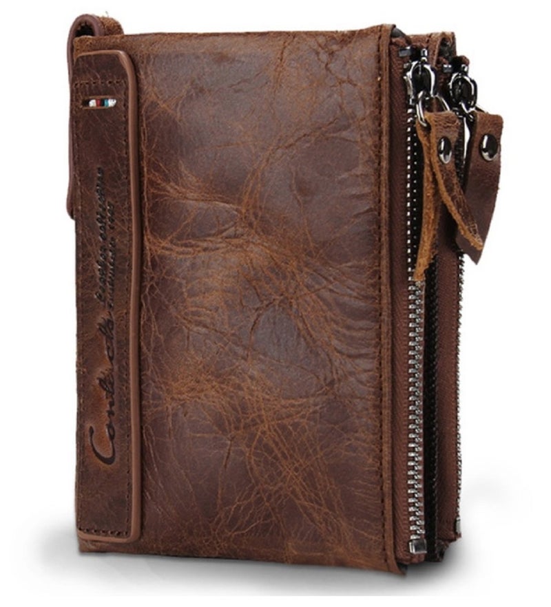 Contacts Men's Genuine Leather Wallet | RFID Blocking Wallet for Men | Bifold Zip Wallet| 7 to 8 Card Slots Including 1 ID Window (Brown) - Image 1