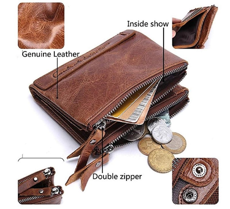 Contacts Men's Genuine Leather Wallet | RFID Blocking Wallet for Men | Bifold Zip Wallet| 7 to 8 Card Slots Including 1 ID Window (Brown) - Image 3