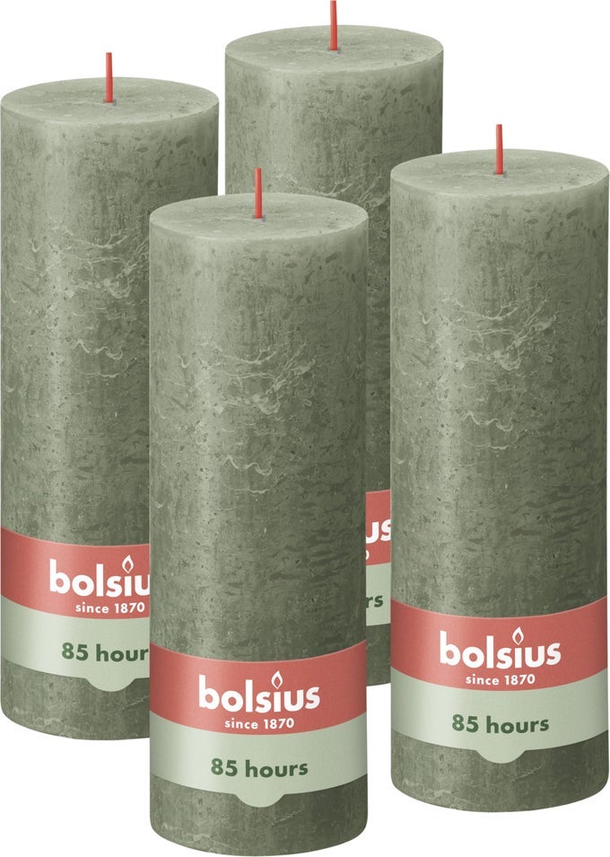 Bolsius Rustic Pillar Candle Dark Green Pack of 4 Long Burning Time of 85 Hours Household Candle Interior Decoration Unscented Natural Vegan Wax No Palm Oil 19 x 7 cm